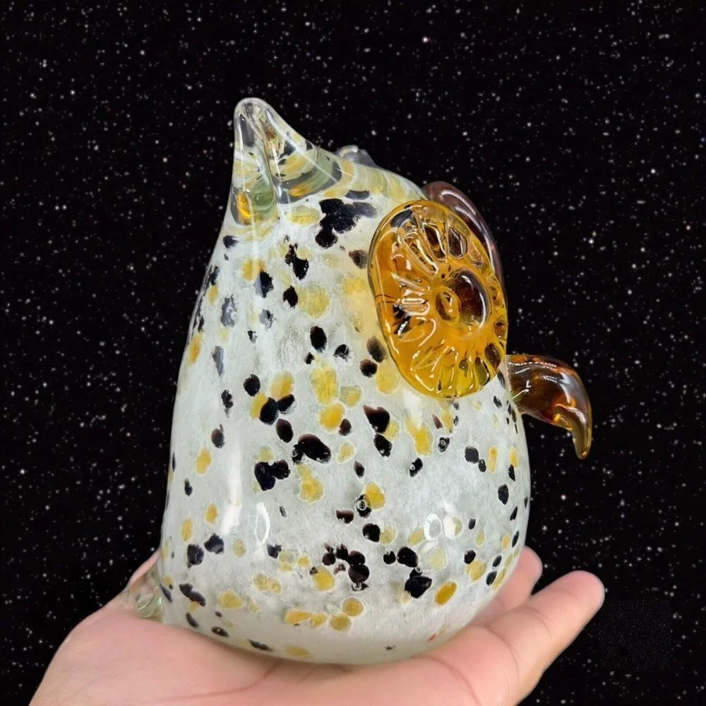 Hollow Owl Bird Art Glass Paperweight Figurine White With‎ Dots Amber Eyes Glass